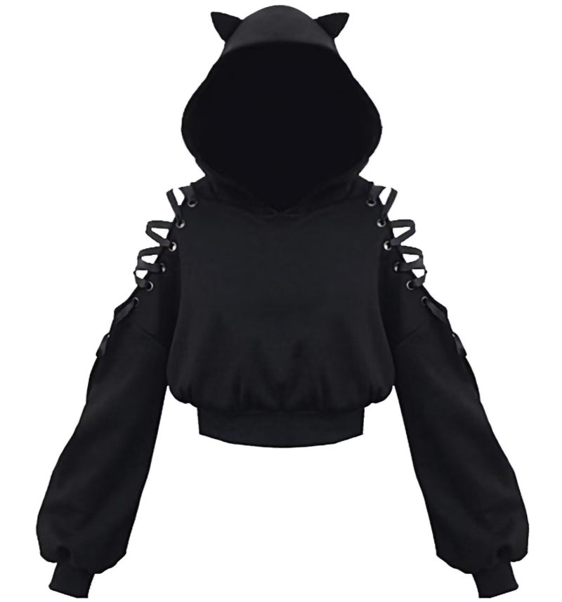 Dolpind Womens Cat Ear Hoodie Sweatshirt Long Sleeve Sweater Off Shoulder Cat Cute Crop Top Hoodies Pullover - Image 1